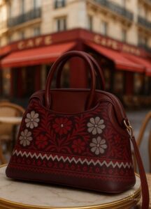 a red Womira handbag on the table